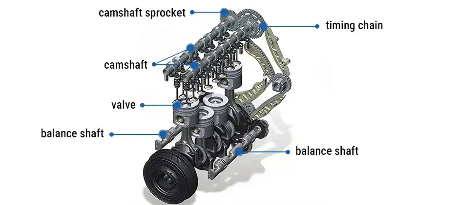 3D diagram showing engine valve train components including camshaft, timing chain, valves and balance shafts